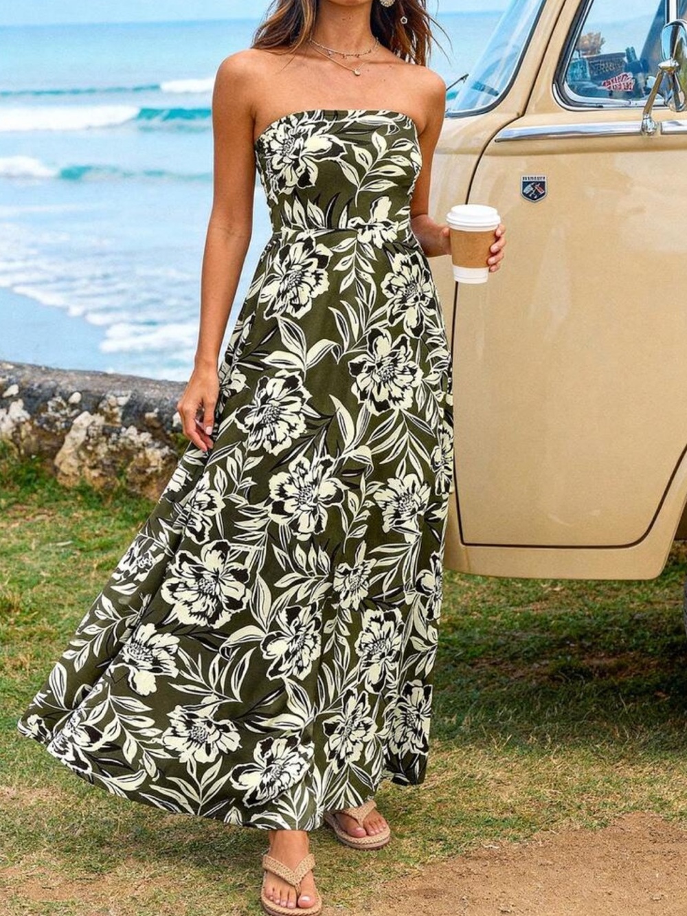 Strapless Army Green and White Tropical Maxi Skirt